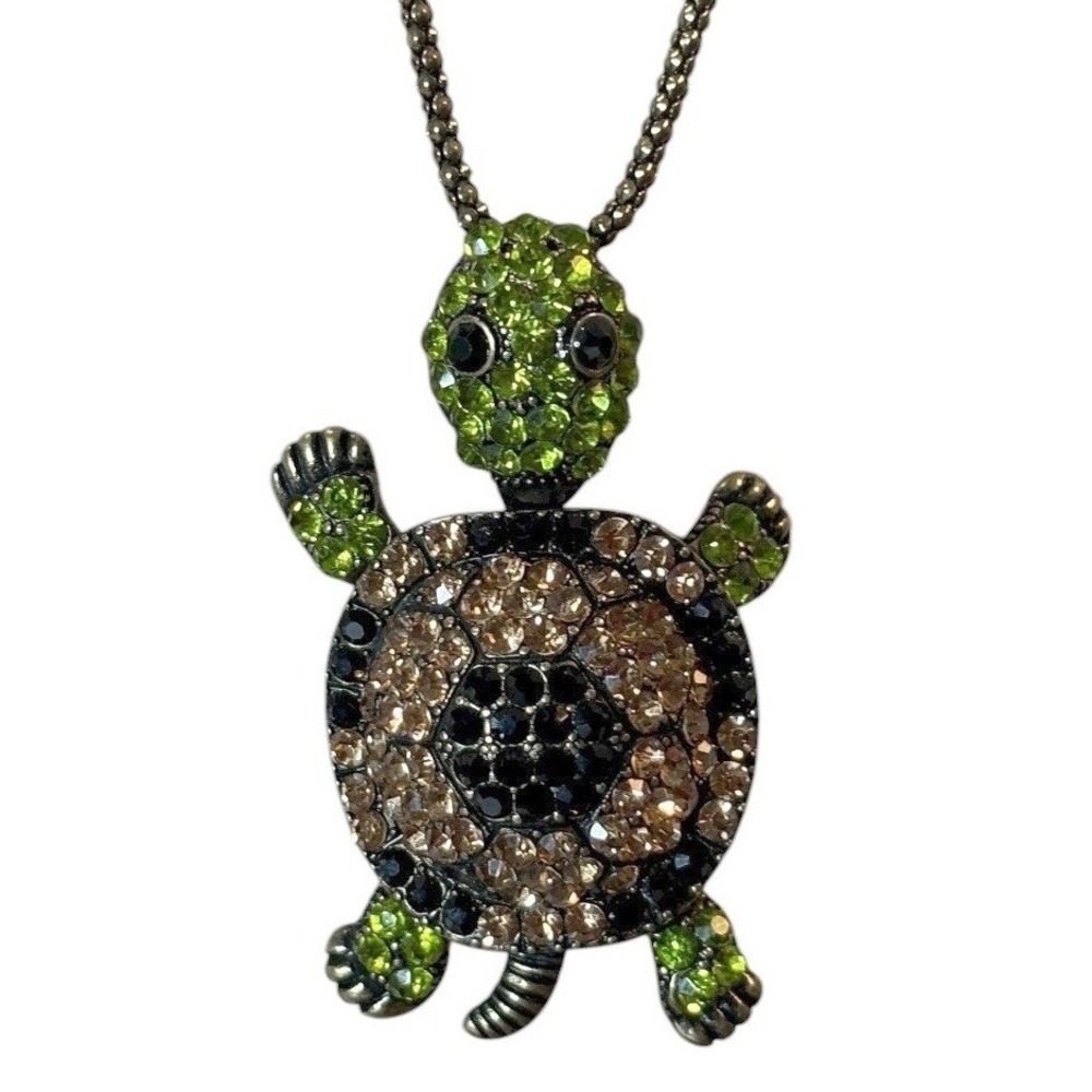 Rhinestone Turtle Necklace Green Gold‎ Brown Animal Jewelry Whimsical Eclectic